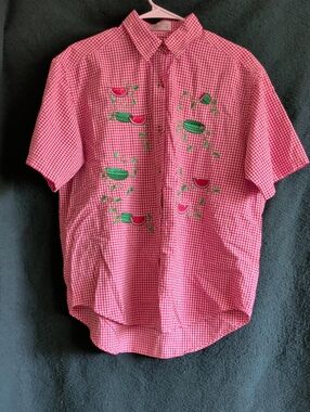 Men's Red/ Whi Gingham Short-Sleeve Button-Down Shirt with Watermelon Embroidery